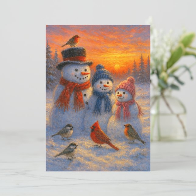 Cute Snowman Family In Snowy Woodland Sunset Julkort (Stående Fram)