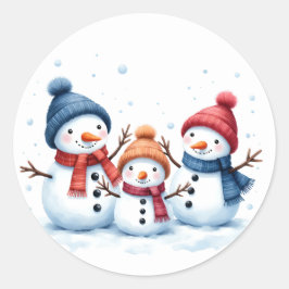 Cute Snowman Family Watercolor Illustration Round Runt Klistermärke