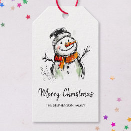 Cute Snowman Hand Drawn Sketch Merry Christmas Presentetikett