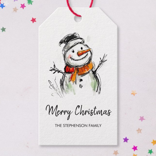 Cute Snowman Hand Drawn Sketch Merry Christmas Presentetikett (Skapare uppladdad)