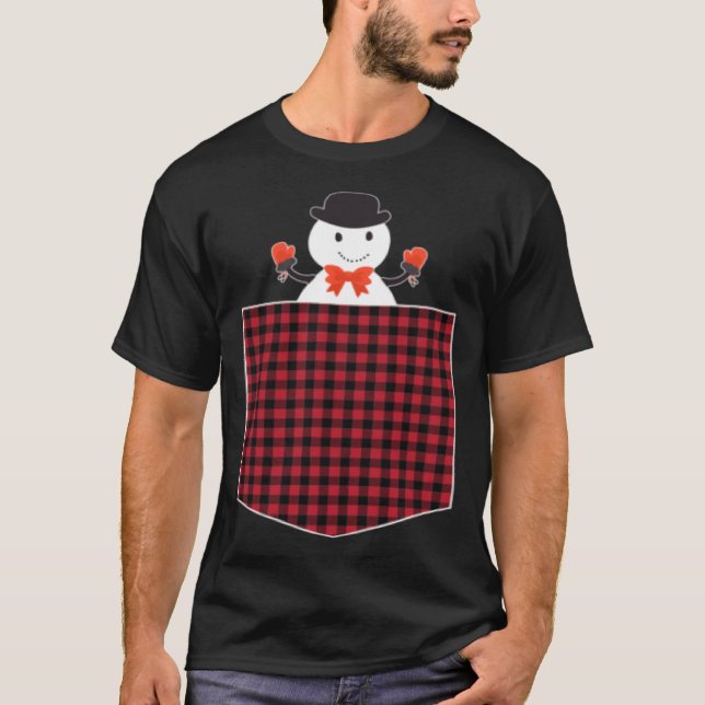 Cute Snowman Inside Buffalo Plaid Pocket Holiday C T Shirt (Framsida)