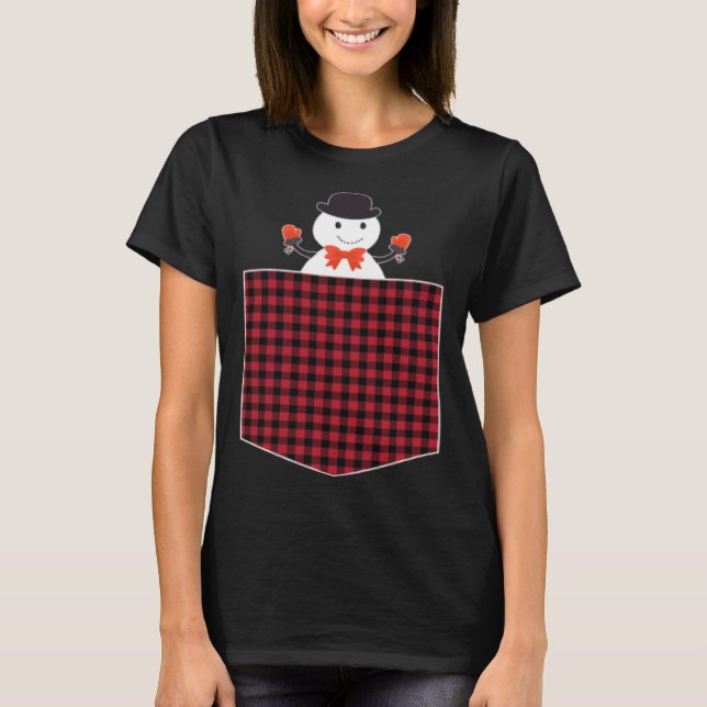 Cute Snowman Inside Buffalo Plaid Pocket Holiday C T Shirt (Framsida)