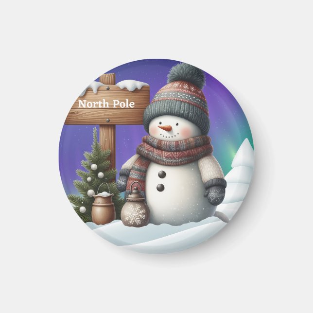 Cute snowman on North Pole with northern lights Magnet (Framsidan)