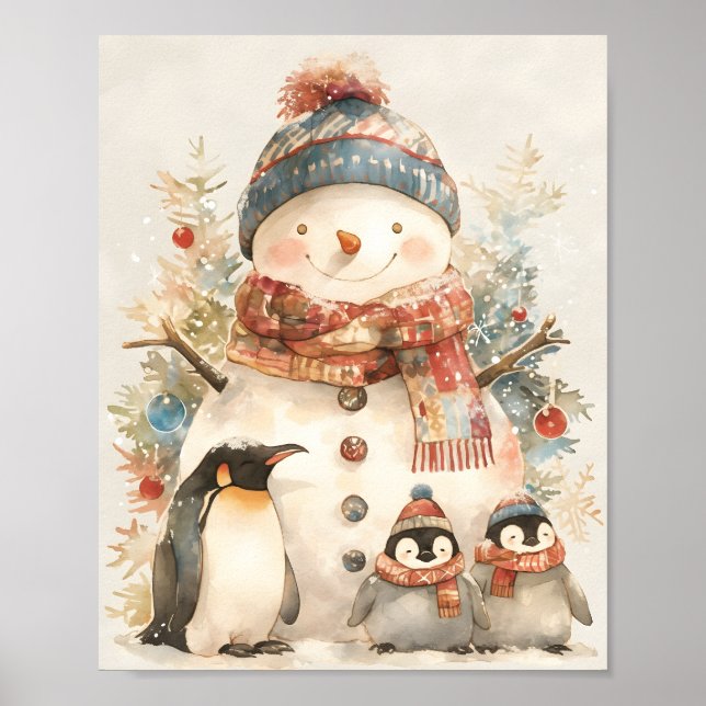 Cute Snowman Penguins Nursery watercolor Holiday Poster (Framsidan)