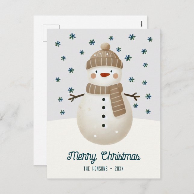 Cute Snowman Snowflakes Drawing Christmas Helg Vykort (Fram/baksida)