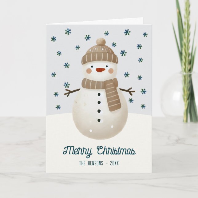 Cute Snowman Snowflakes Drawing Christmas Helgkort (Framsida)
