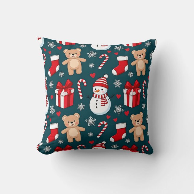 Cute Snowman & Teddy Christmas Throw Pillow Kudde (Framsida)