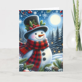 Cute Snowman wearing Plaid Scarf and Top Hat Helgkort