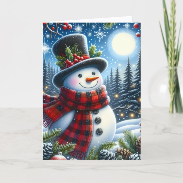 Cute Snowman wearing Plaid Scarf and Top Hat Helgkort (Framsida)