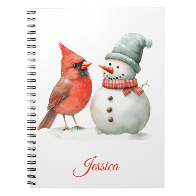 Cute Snowman with Bird Winter Christmas Scene Anteckningsbok (Framsidan)