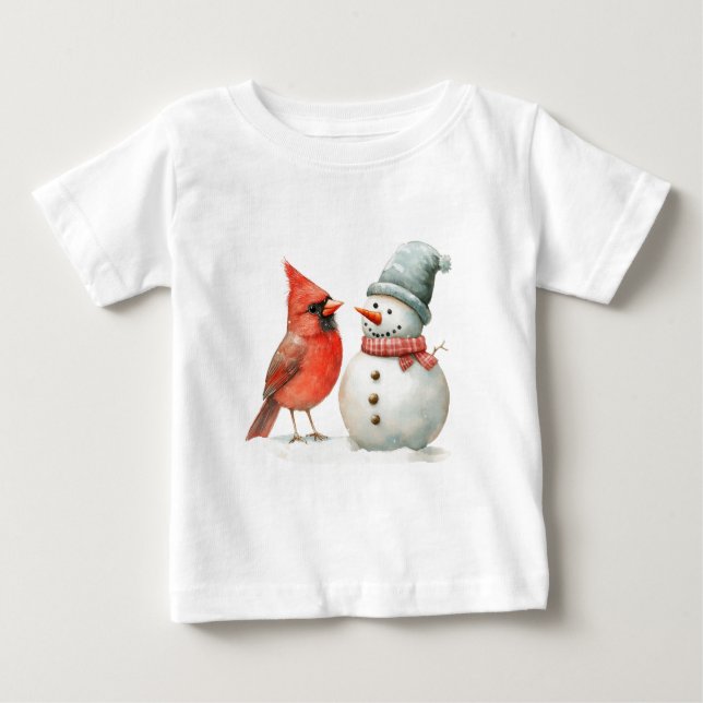 Cute Snowman with Bird Winter Christmas Scene T Shirt (Framsida)