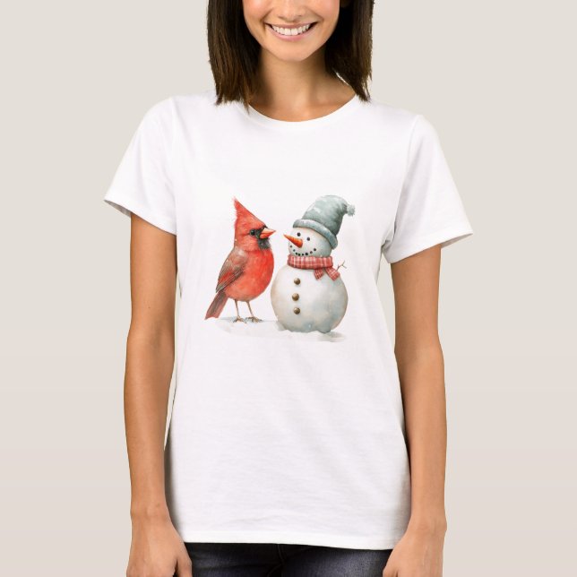 Cute Snowman with Bird Winter Christmas Scene T Shirt (Framsida)