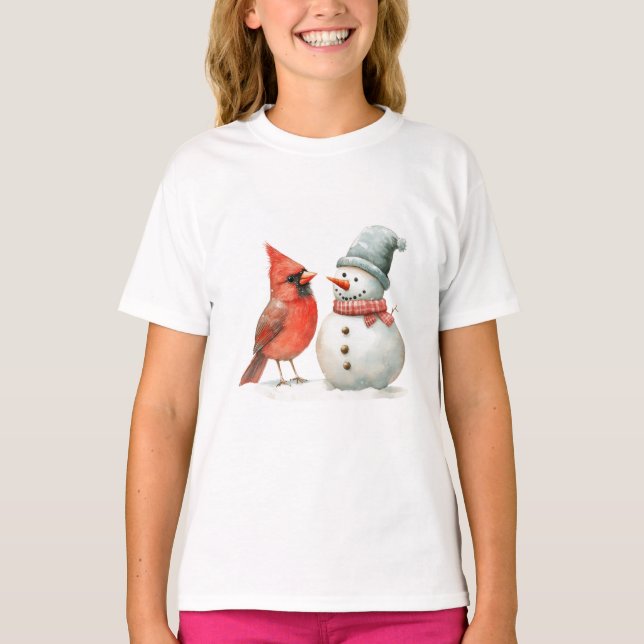 Cute Snowman with Bird Winter Christmas Scene T Shirt (Framsida)
