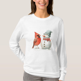 Cute Snowman with Bird Winter Christmas Scene T Shirt