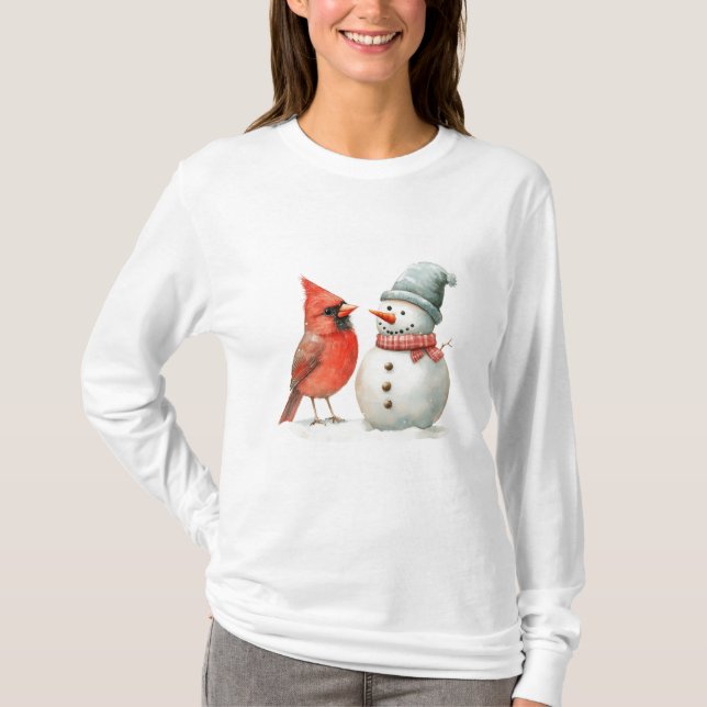 Cute Snowman with Bird Winter Christmas Scene T Shirt (Framsida)