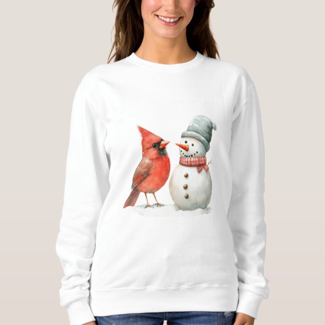 Cute Snowman with Bird Winter Christmas Scene T Shirt (Framsida)