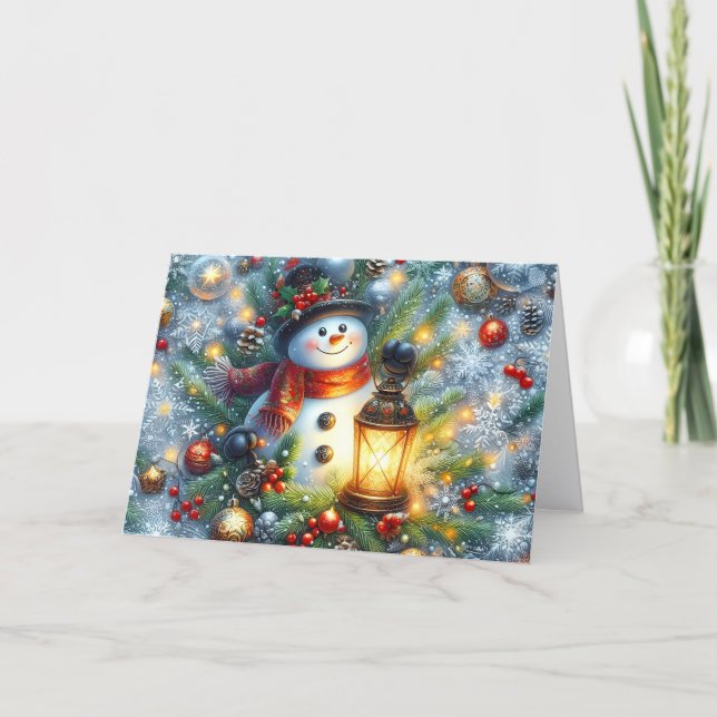 Cute Snowman with Lantern Christmas Holiday Card Helgkort (Framsida)