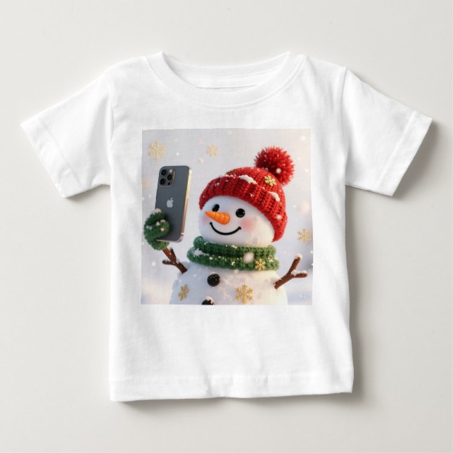 Cute Snowman with Phone Christmas Design T Shirt (Framsida)