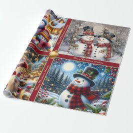 Cute Snowmen Christmas Wrapping Paper with Text Presentpapper