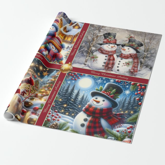 Cute Snowmen Christmas Wrapping Paper with Text Presentpapper (Utrullad)