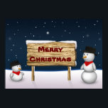 Cute Snowmen wishing Merry Christmas Poster<br><div class="desc">Winterly graphic illustration featuring two cute snowmen holding a wooden sign with Christmas greeting in a snowy environment.</div>