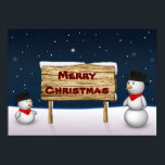 Cute Snowmen wishing Merry Christmas Poster<br><div class="desc">Winterly graphic illustration featuring two cute snowmen holding a wooden sign with Christmas greeting in a snowy environment.</div>