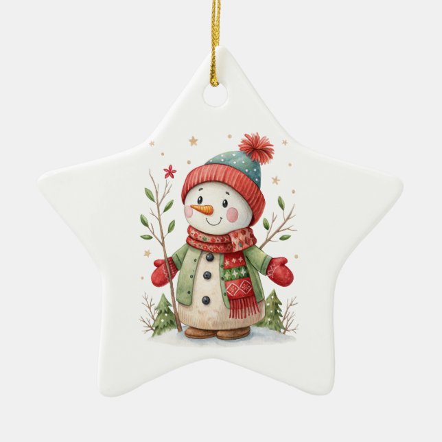 Cute snowmen with Santa hats and holly Julgransprydnad Keramik (Framsidan)