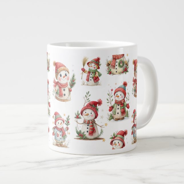 Cute snowmen with Santa hats and holly Jumbo Mugg (Framsida höger)