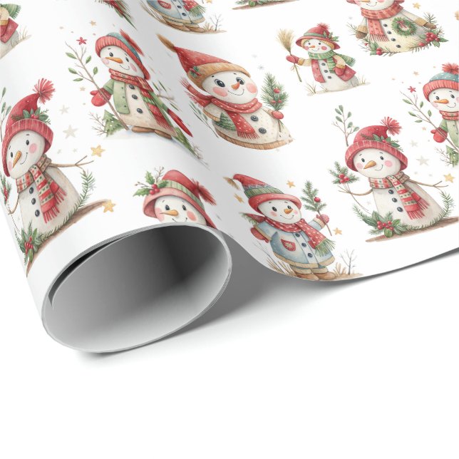 Cute snowmen with wooly hats presentpapper (Rullad Hörn)