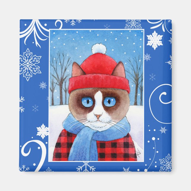 Cute Snowshoe Ragdoll-katt, vinternaturen vid jul Magnet (Framsidan)