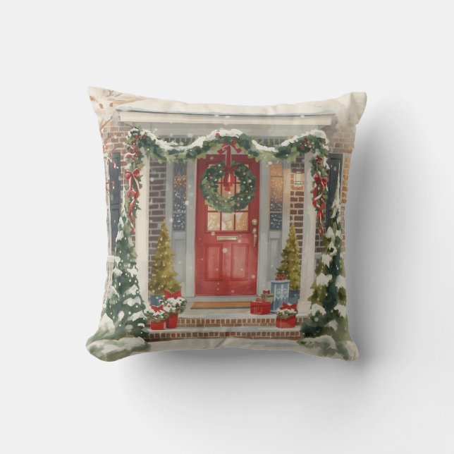 Cute Snowy Christmas Porch  Kudde (Framsida)