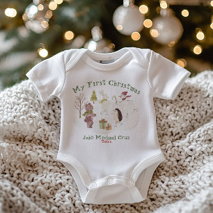 Cute Snowy Forest Animal Scene Min första jul T Shirt