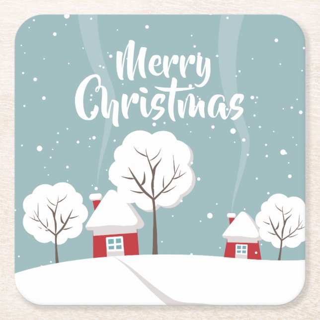 Cute Snowy Houses och Träd jul Underlägg Papper Kvadrat (Framsidan)