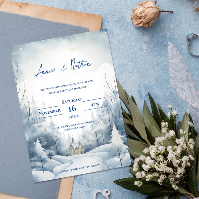 Cute Snowy liggande vinterbröllop Magnetisk Inbjudningskort (Cute Snowy Landscape Winter Wedding Magnetic Invitation)