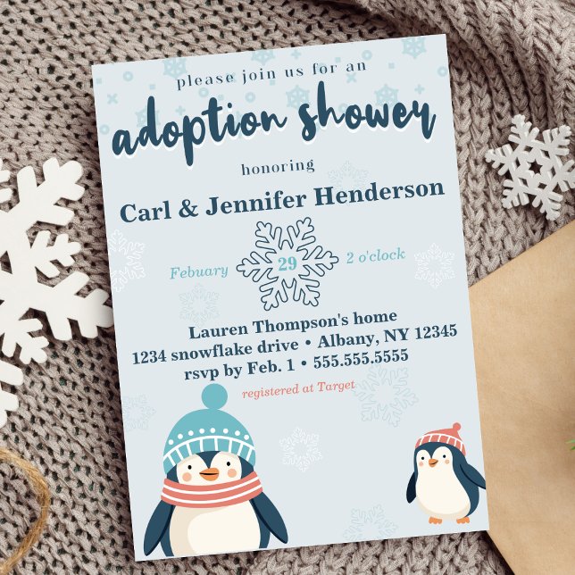 Cute Snowy Penguin Adoption Baby/Child Shower Inbjudningar (adoption baby / child shower cute snowy penguins snowflake winter shower for adoptive families )