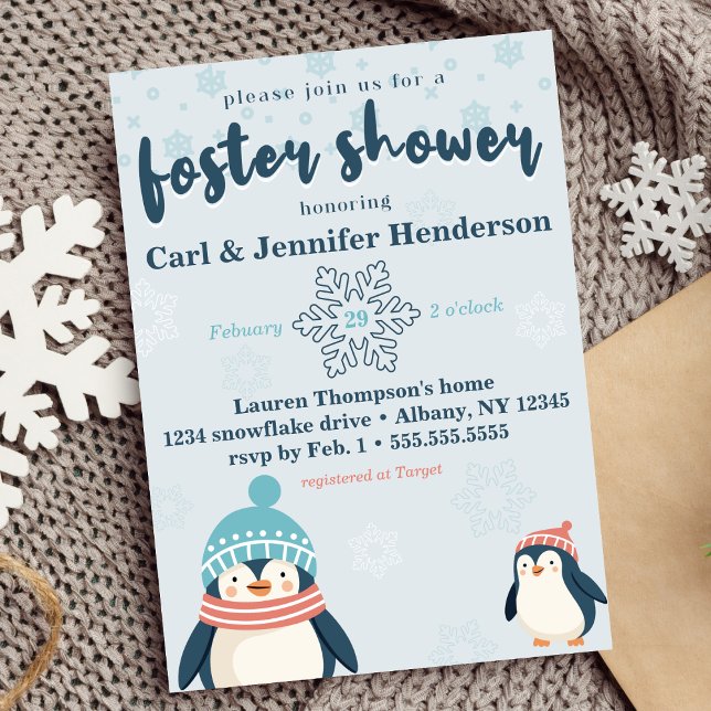 Cute Snowy Penguin Foster Care Baby/Child Shower Inbjudningar (foster care baby /child shower cute winter snowy penguin design blue gender neutral boy or girl )