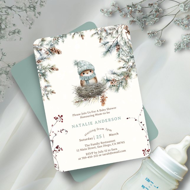 Cute Snowy Woodland Blue Birds Nest Baby Shower Inbjudningar (Cute Snowy Woodland Blue Bird's Nest Baby Shower Invitation)