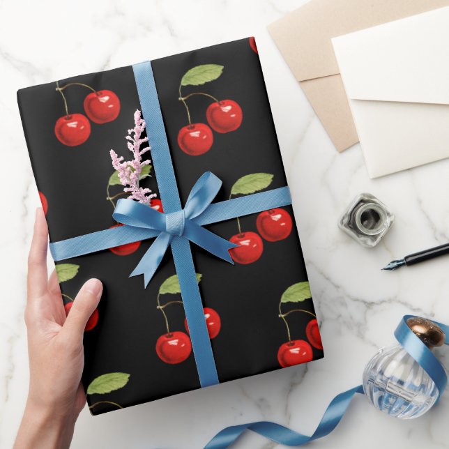 Cute Snyggt Chic Söt Retro Red Cherries Black Presentpapper (Gifting)