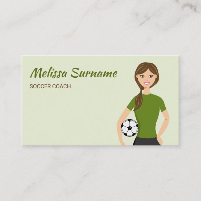 Cute Soccer Coach Girl Illustration Grönt Visitkort (Framsida)