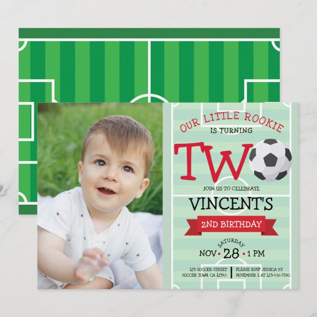 Cute Soccer Fält och Ribbon Photo 2:a födelsedagen Inbjudningar (Fram/baksida)