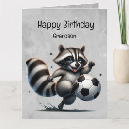 Cute Soccer Player Raccoon Grandson Birthday Kort