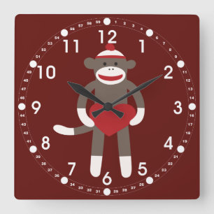 Cute Sock monkey med Hat Holeart Fyrkantig Klocka