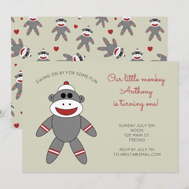 Cute Sock monkey med Hearts första födelsedag Inbjudningar (Fram/baksida)