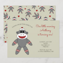 Cute Sock monkey med Hearts första födelsedag