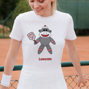 Cute Sock monkey med Pickleball Paddle Namn T Shirt