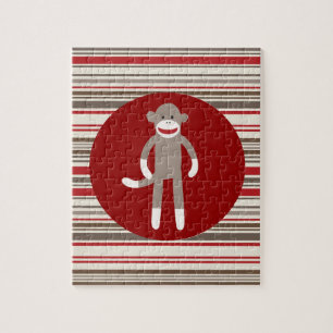 Cute Sock monkey på Red Circle Red Brown Rand Pussel