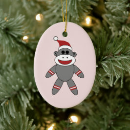 Cute Sock monkey Wearing Santa Hat jul Julgransprydnad Keramik
