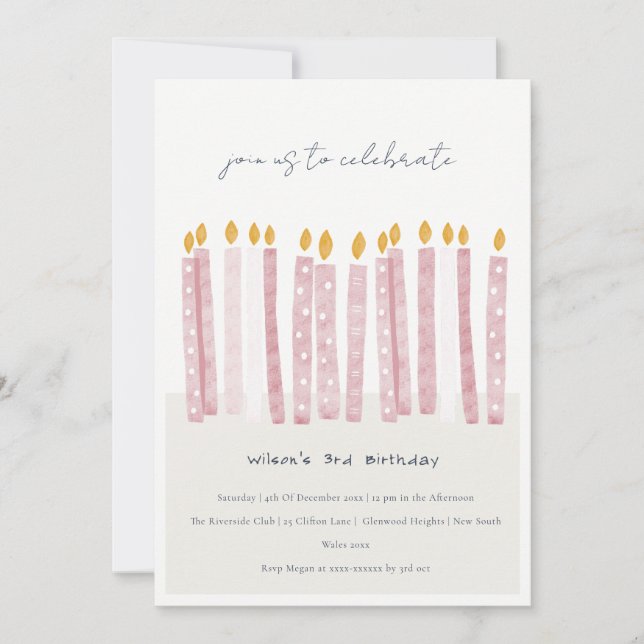 Cute Soft Pastel Rosa Watercolor Birthday Candel Inbjudningar (Framsida)