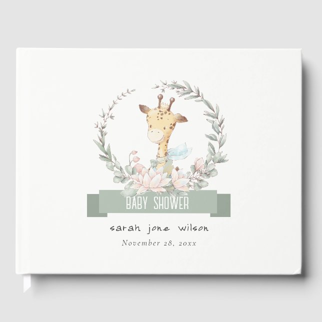 Cute Soft Safari Giraffe Blommigt Wand Baby Shower Gästböcker (Framsida)