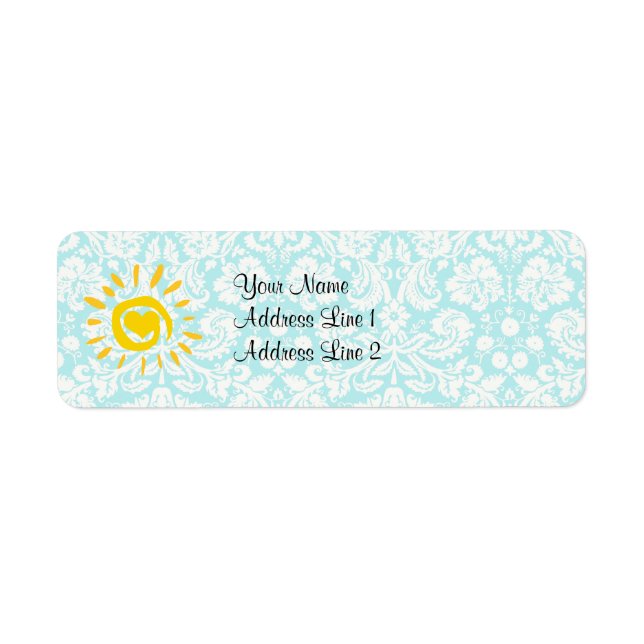 Cute Sol; Teal Damask Returadress Etikett (Framsidan)